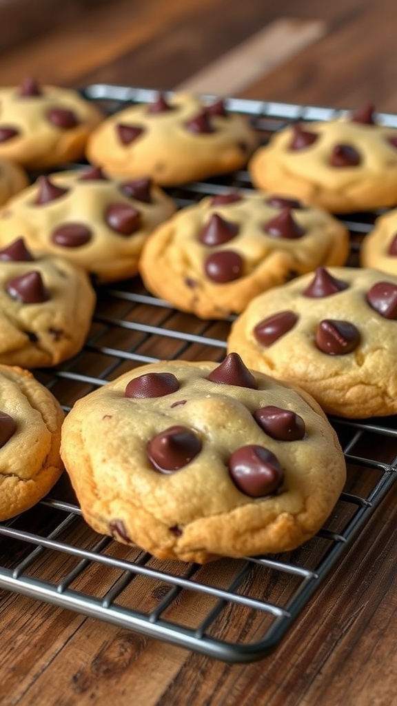 Delicious Chocolate Chip Cookie Recipe Freshly baked chocolate chip cookies cooling on a rack, golden brown with melty chocolate chips.